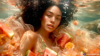 portrait of woman swimming in summertime with fruits underwater showing hair care tips for swimmers
