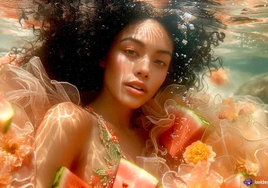 portrait of woman swimming in summertime with fruits underwater showing hair care tips for swimmers