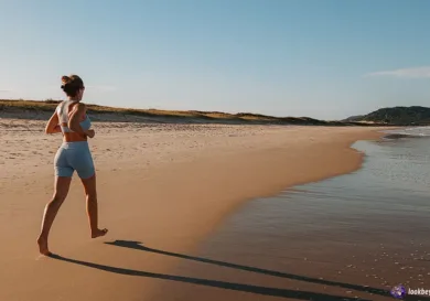 Woman jogging on beach for heart-healthy morning habits