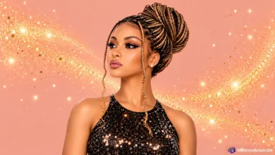 Beautiful woman wearing a natural-looking feed-in braids HD lace wig styled in an elegant braided updo with golden highlights against a sparkling peach background.