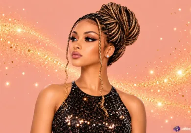 Beautiful woman wearing a natural-looking feed-in braids HD lace wig styled in an elegant braided updo with golden highlights against a sparkling peach background.
