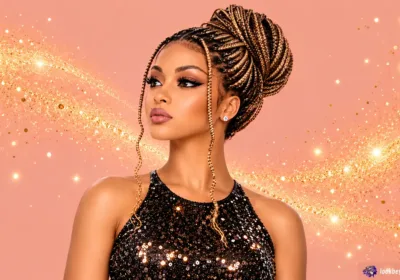 Beautiful woman wearing a natural-looking feed-in braids HD lace wig styled in an elegant braided updo with golden highlights against a sparkling peach background.