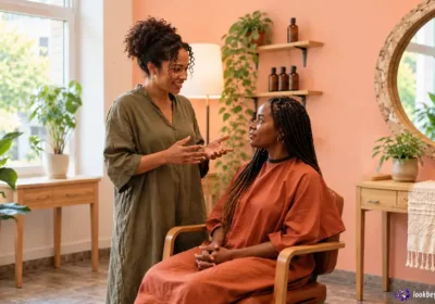 Hair salon owner talking to client during a hair consultation about her hair health