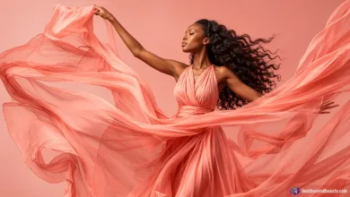 Beautiful African American woman with long, voluminous curly human hair extensions wearing a flowing coral gown against a soft pink background.