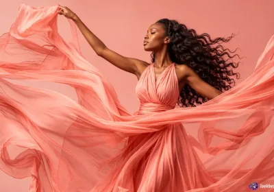 Beautiful African American woman with long, voluminous curly human hair extensions wearing a flowing coral gown against a soft pink background.