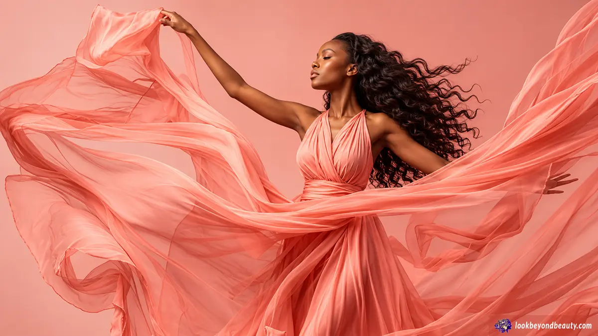 Beautiful African American woman with long, voluminous curly human hair extensions wearing a flowing coral gown against a soft pink background.