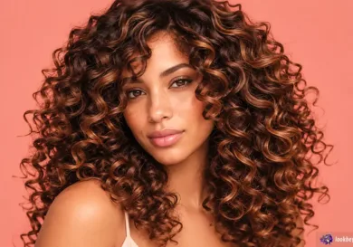 Beautiful woman wearing voluminous, shoulder-length auburn curly human hair wigs with caramel highlights and a natural-looking hairline against a soft coral background