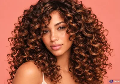 Beautiful woman wearing voluminous, shoulder-length auburn curly human hair wigs with caramel highlights and a natural-looking hairline against a soft coral background