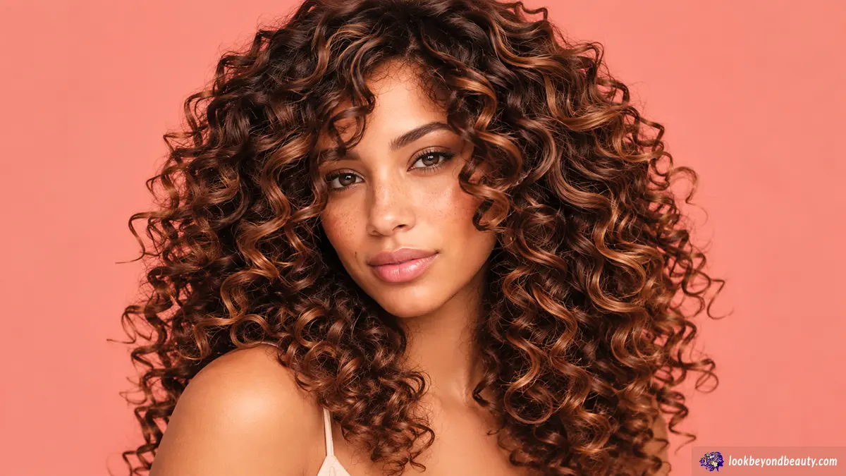 Beautiful woman wearing voluminous, shoulder-length auburn curly human hair wigs with caramel highlights and a natural-looking hairline against a soft coral background